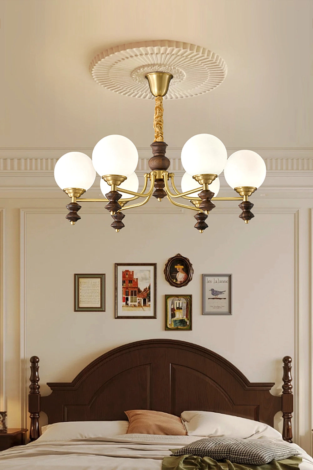Vintage Globe Walnut Wood Chandelier