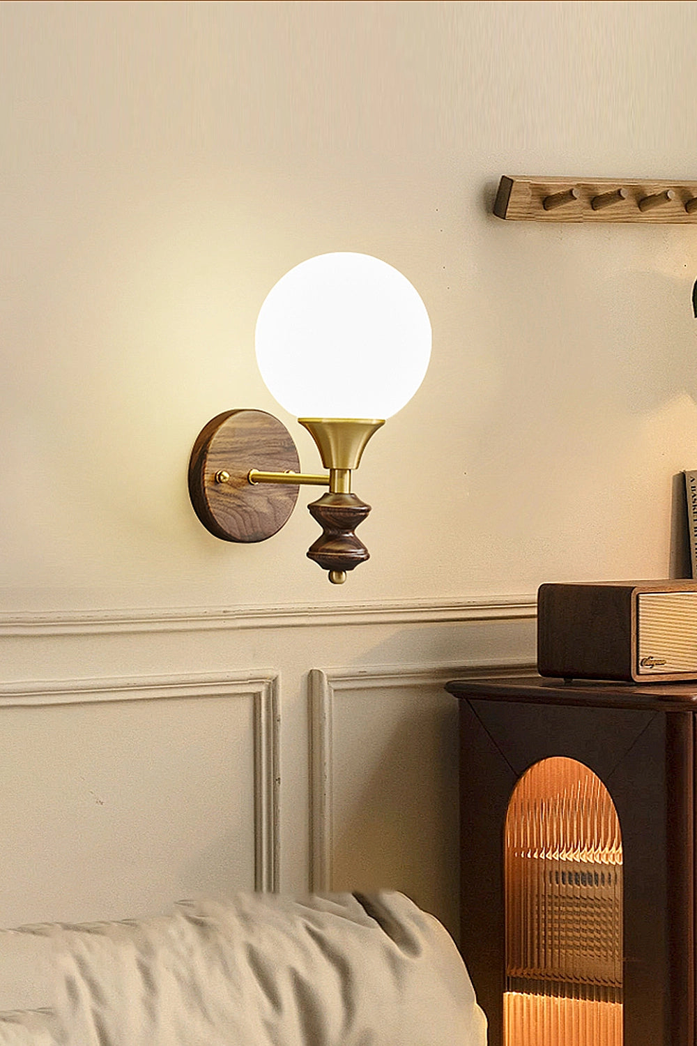 Vintage Globe Walnut Wood Wall Lamp