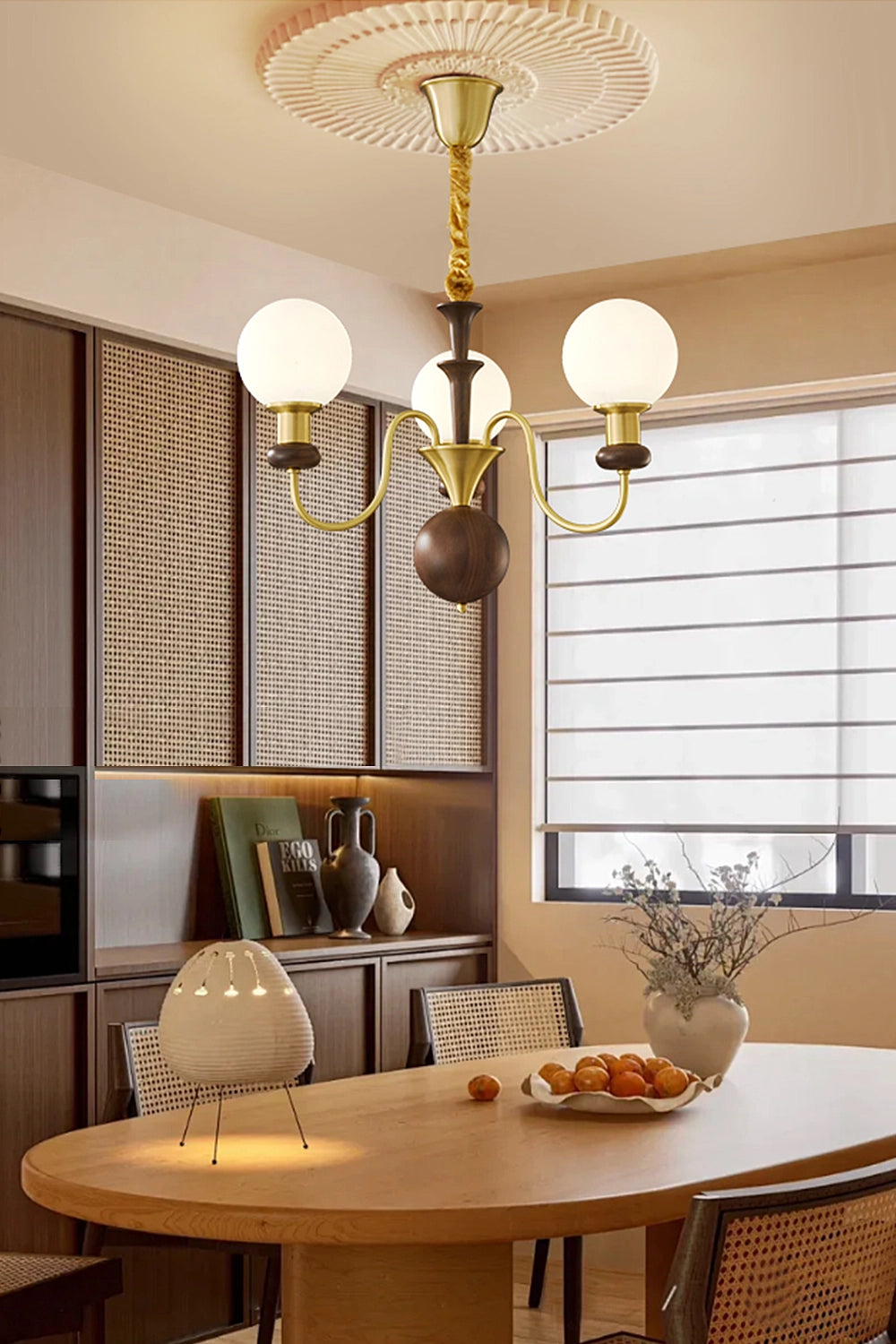 Vintage Walnut Wood Globe Chandelier