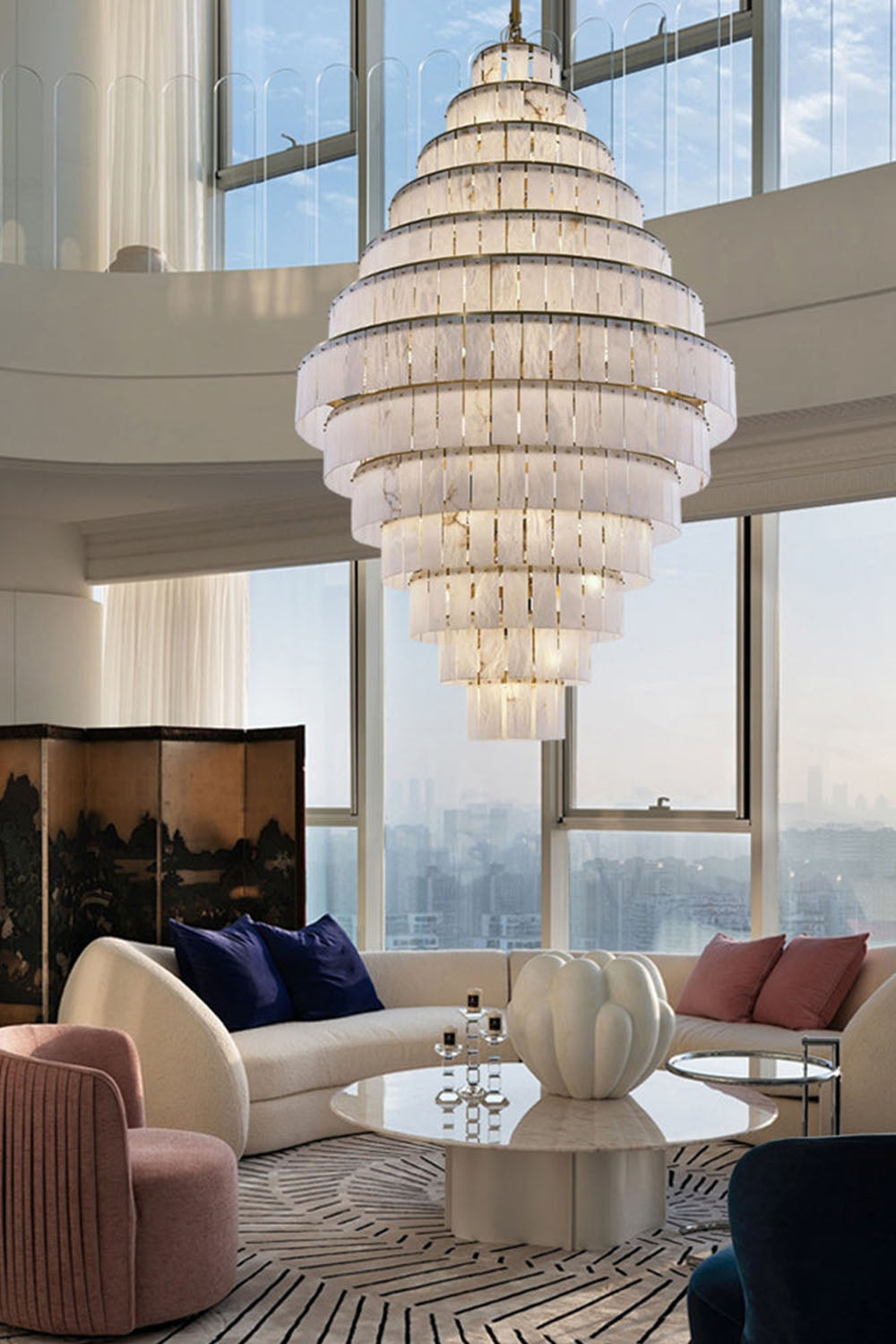 Giant Tiered Alabaster Foyer Chandelier