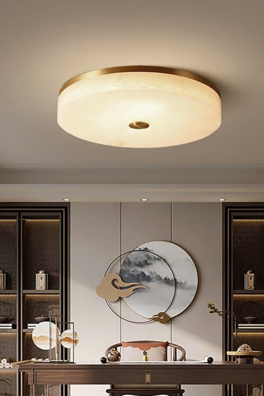Round Alabaster Brass Ceiling Light