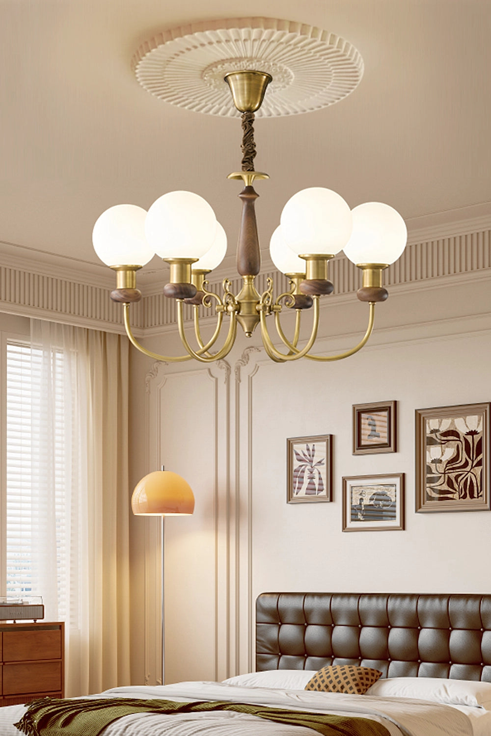 Vintage Walnut Brass Chandelier