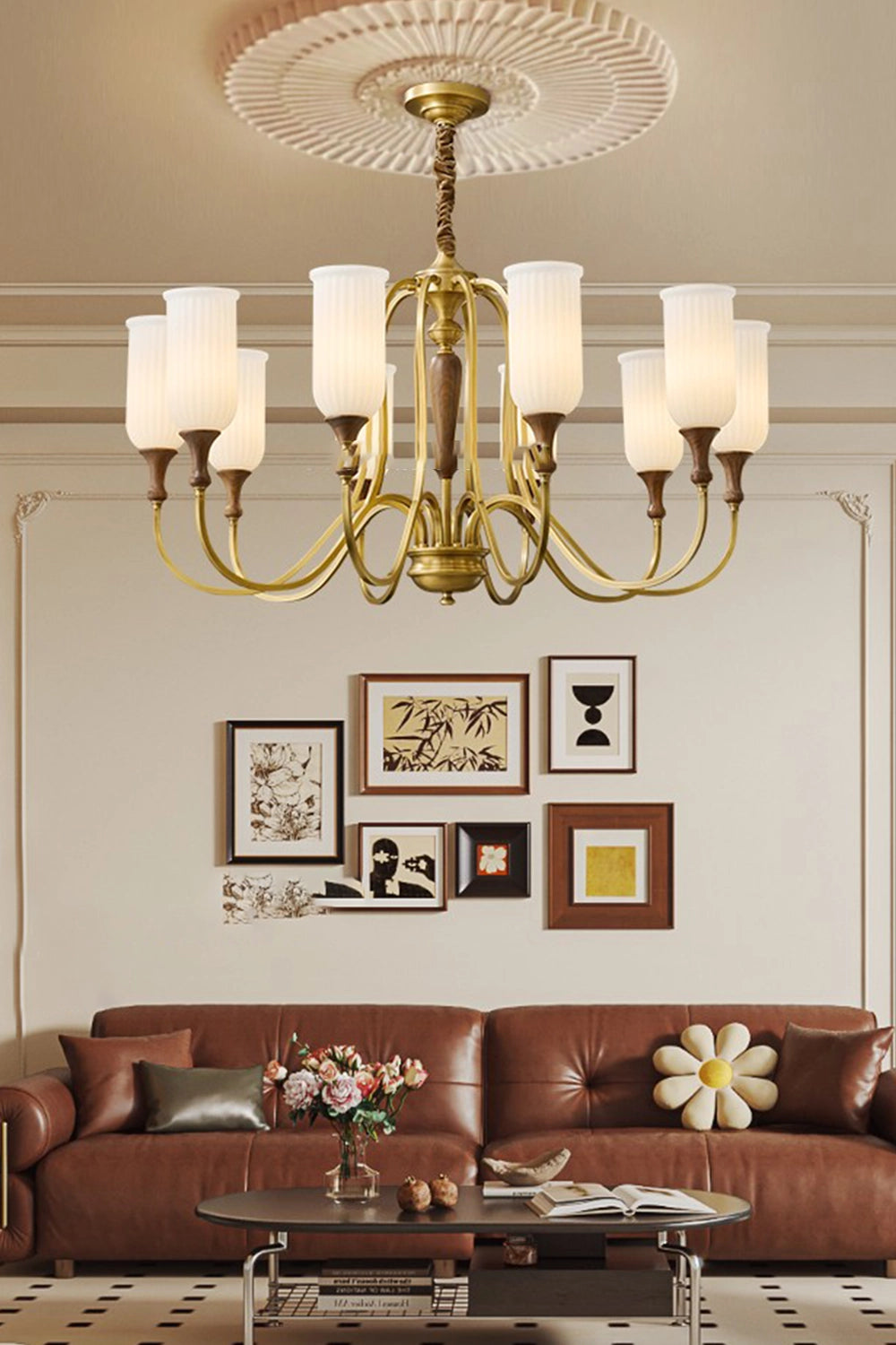Vintage Walnut Brass Glass Chandelier