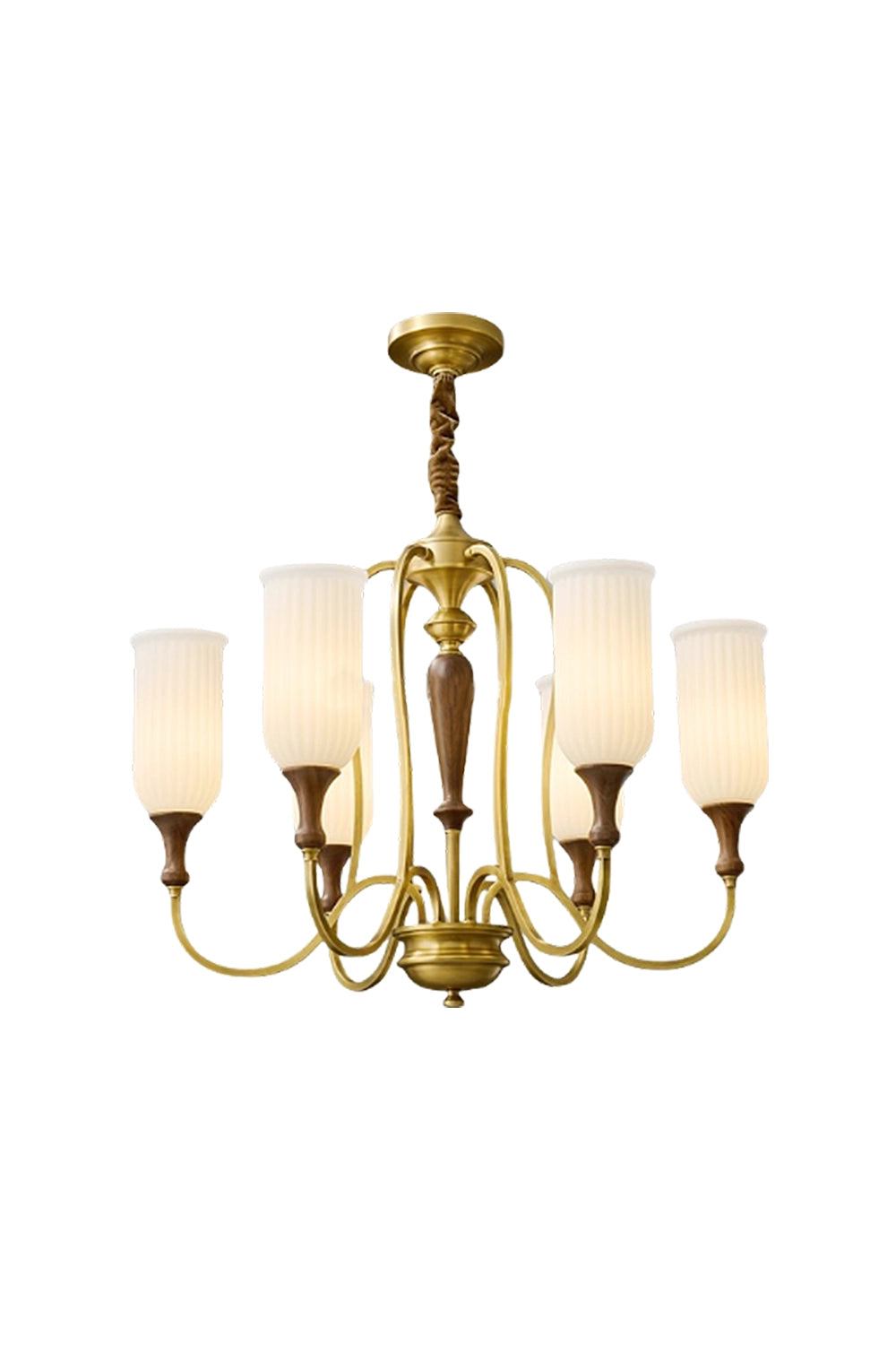 Vintage Walnut Brass Glass Chandelier