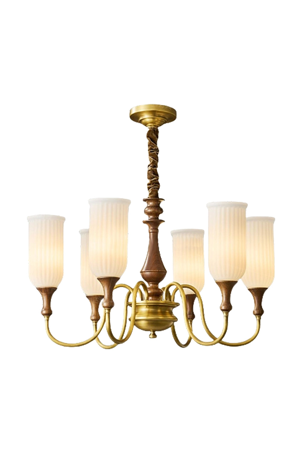 Walnut Brass Glass Chandelier