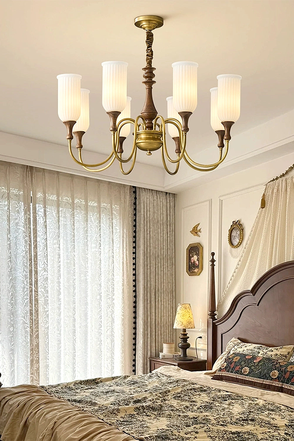 Walnut Brass Glass Chandelier