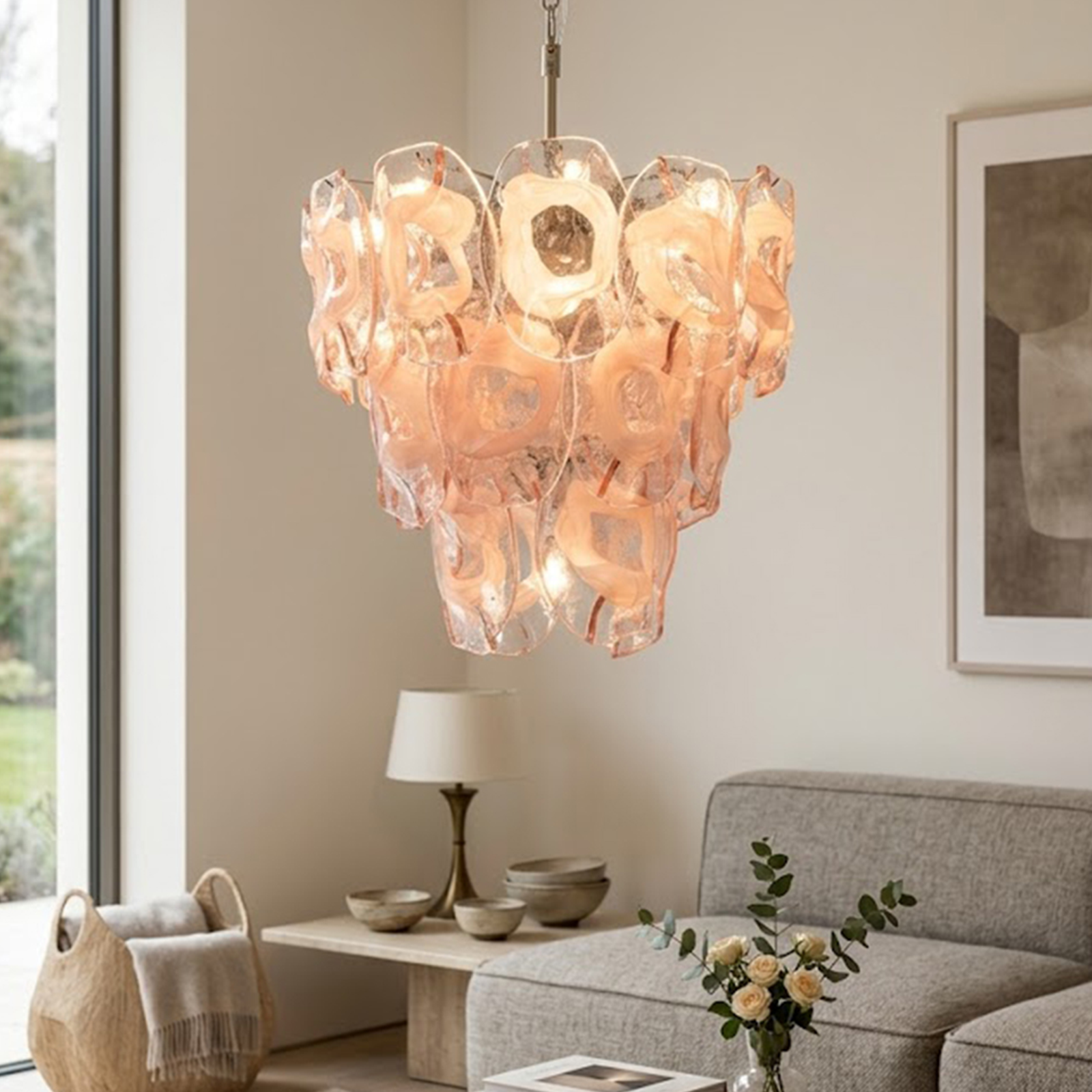 Frostelle Pink Glass Chandelier: Soft Color Elegance for Modern Interiors
