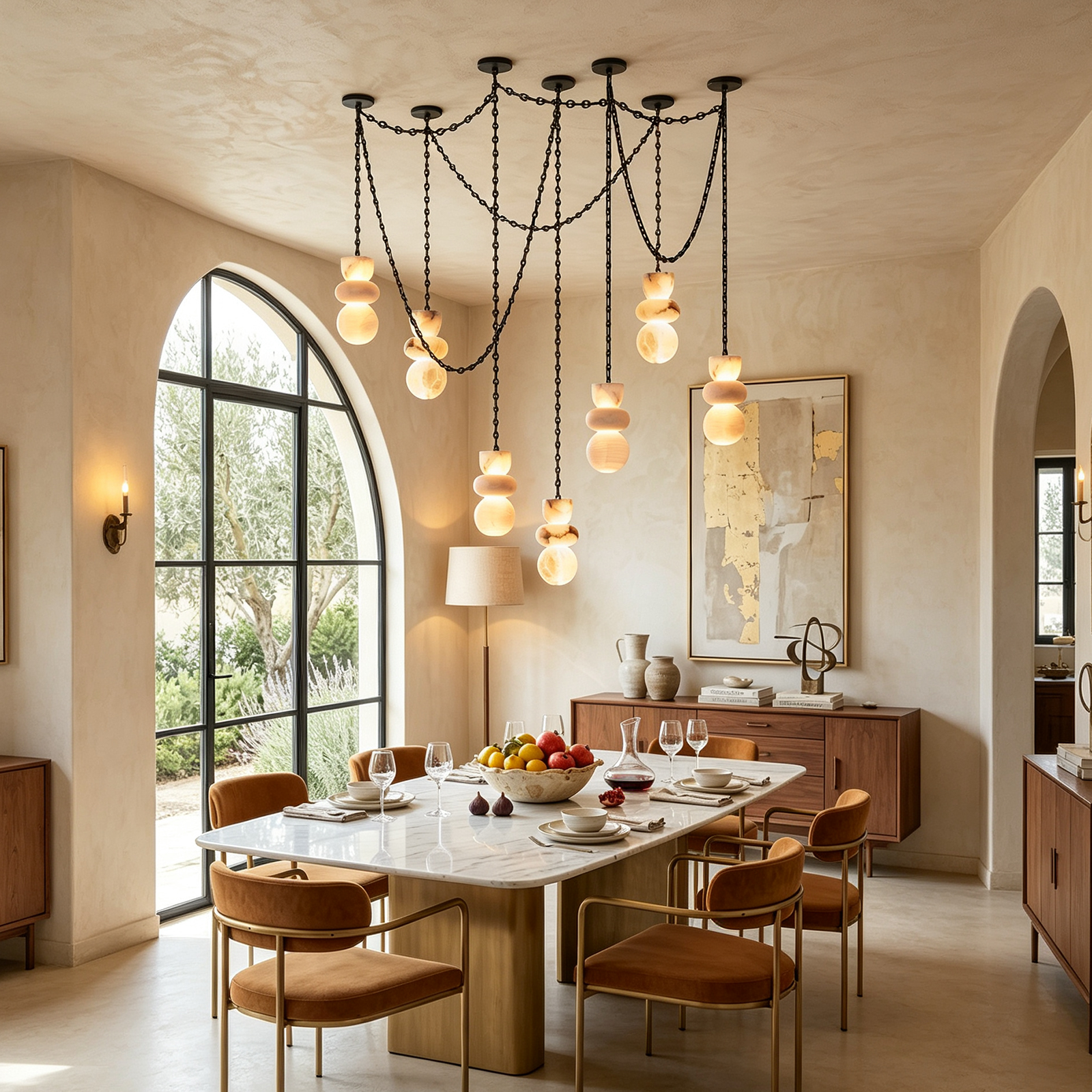The Design Story Behind the Celestial Alabaster Chandelier in a modern dining room.