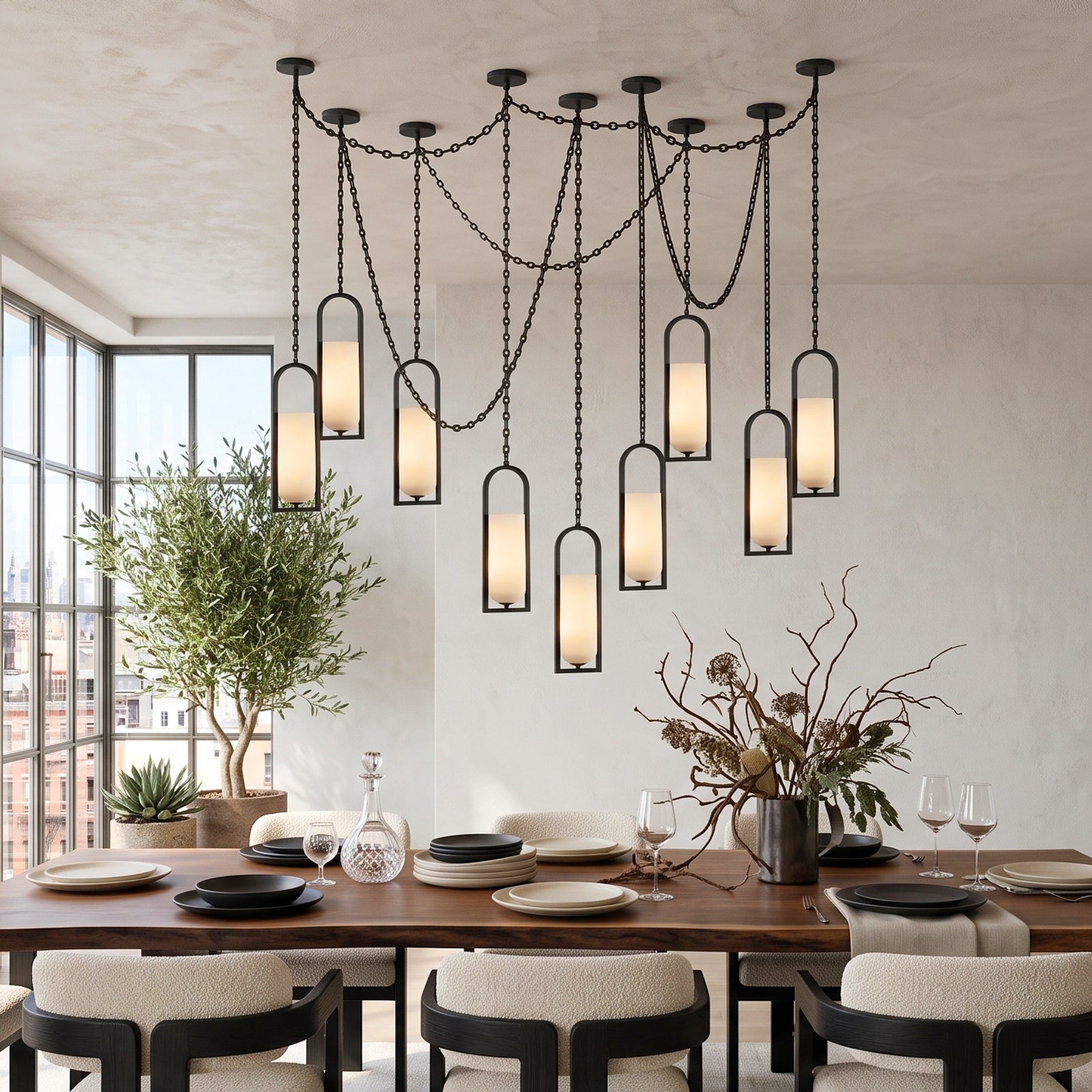Orbs, Capsules or Stacks: Choosing an Alabaster Chain Chandelier in a modern dining setting.