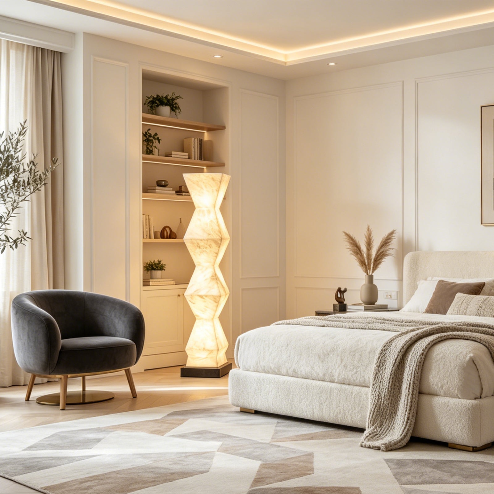 Stylish bedroom featuring an Alabaster Floor Lamp, creating a warm ambiance next to a cozy seating area.