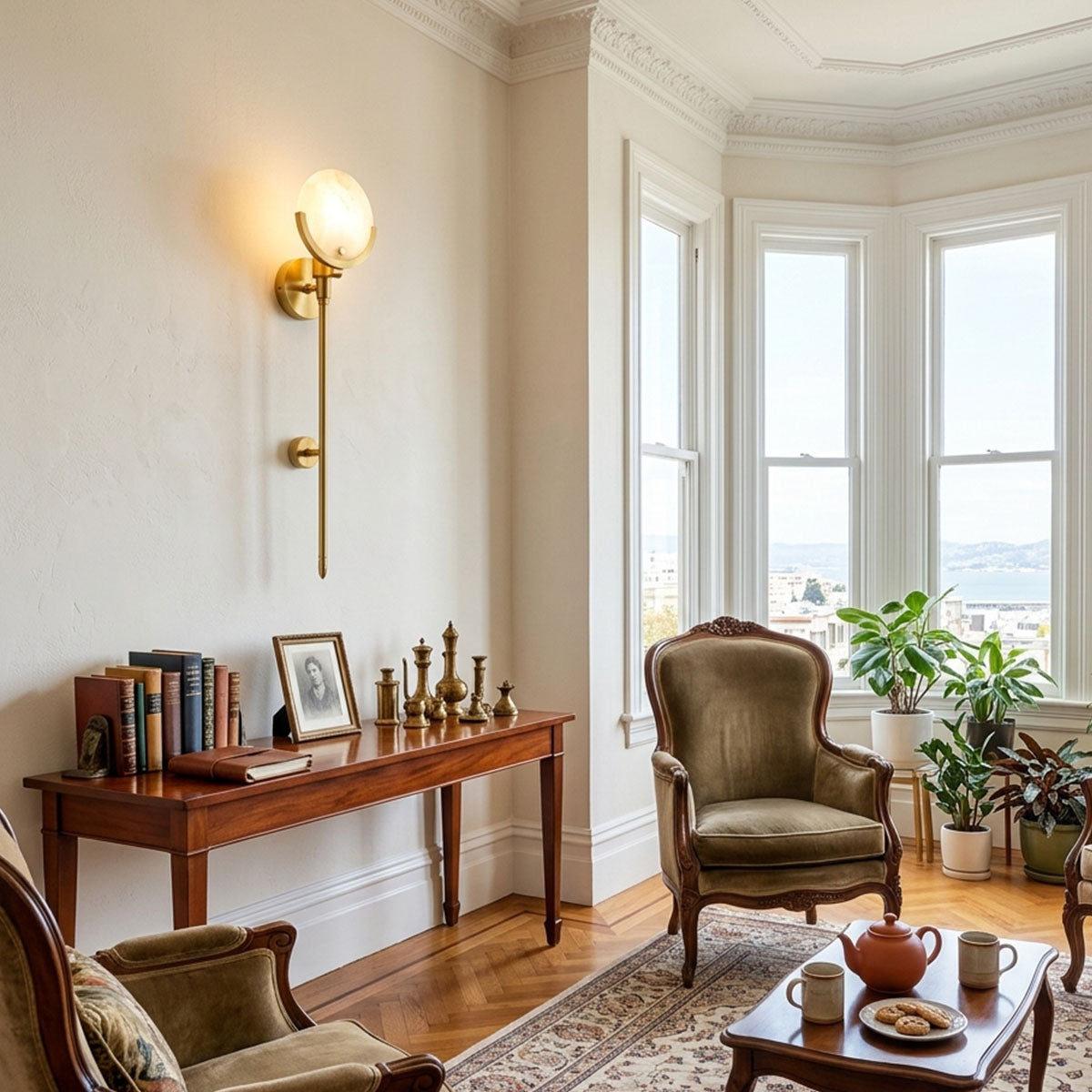 Alabaster wall sconce above a walnut console in a classic living room