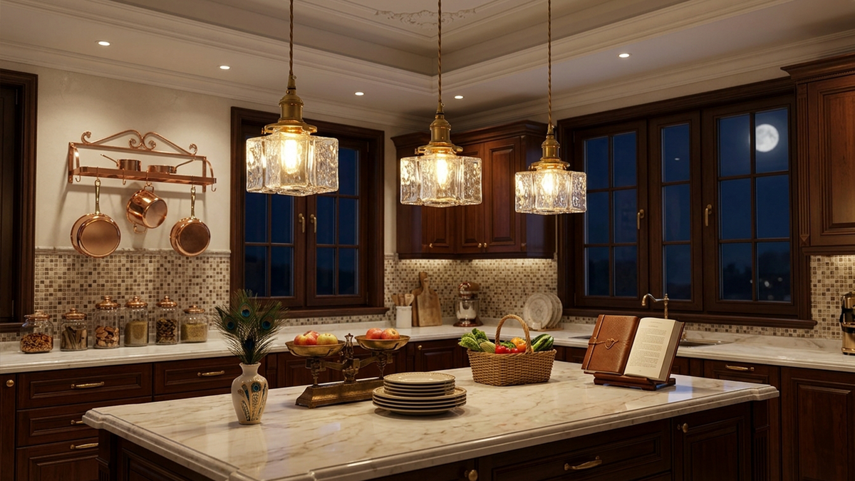 Glass pendant lights collection banner over a kitchen island