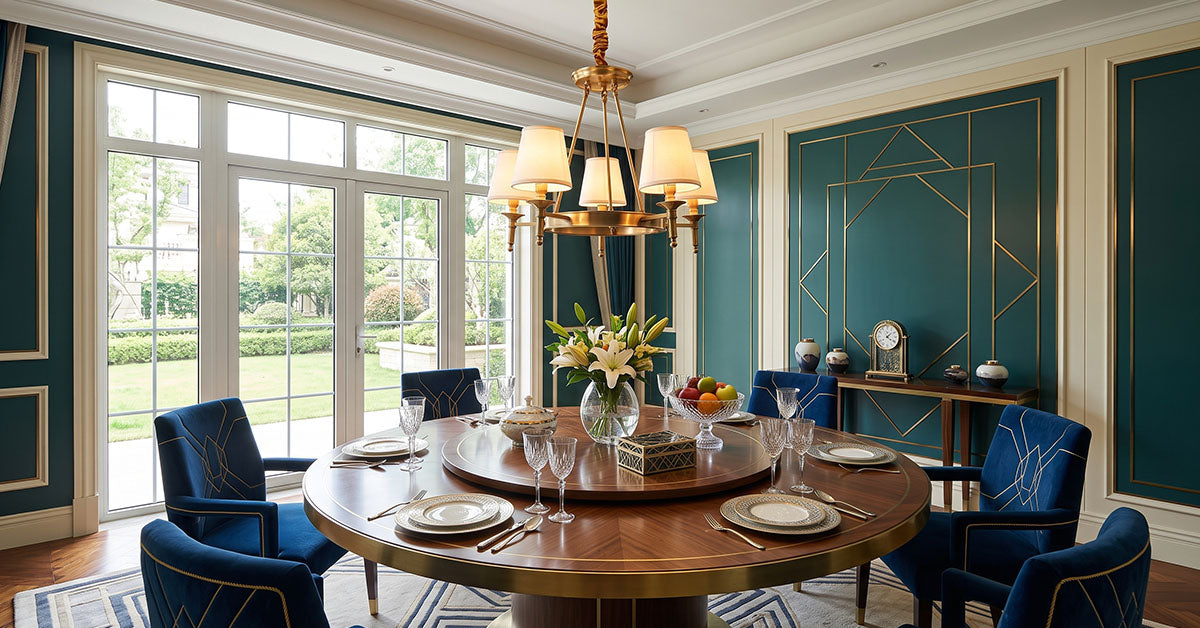 Brass chandelier over a round dining table with navy chairs