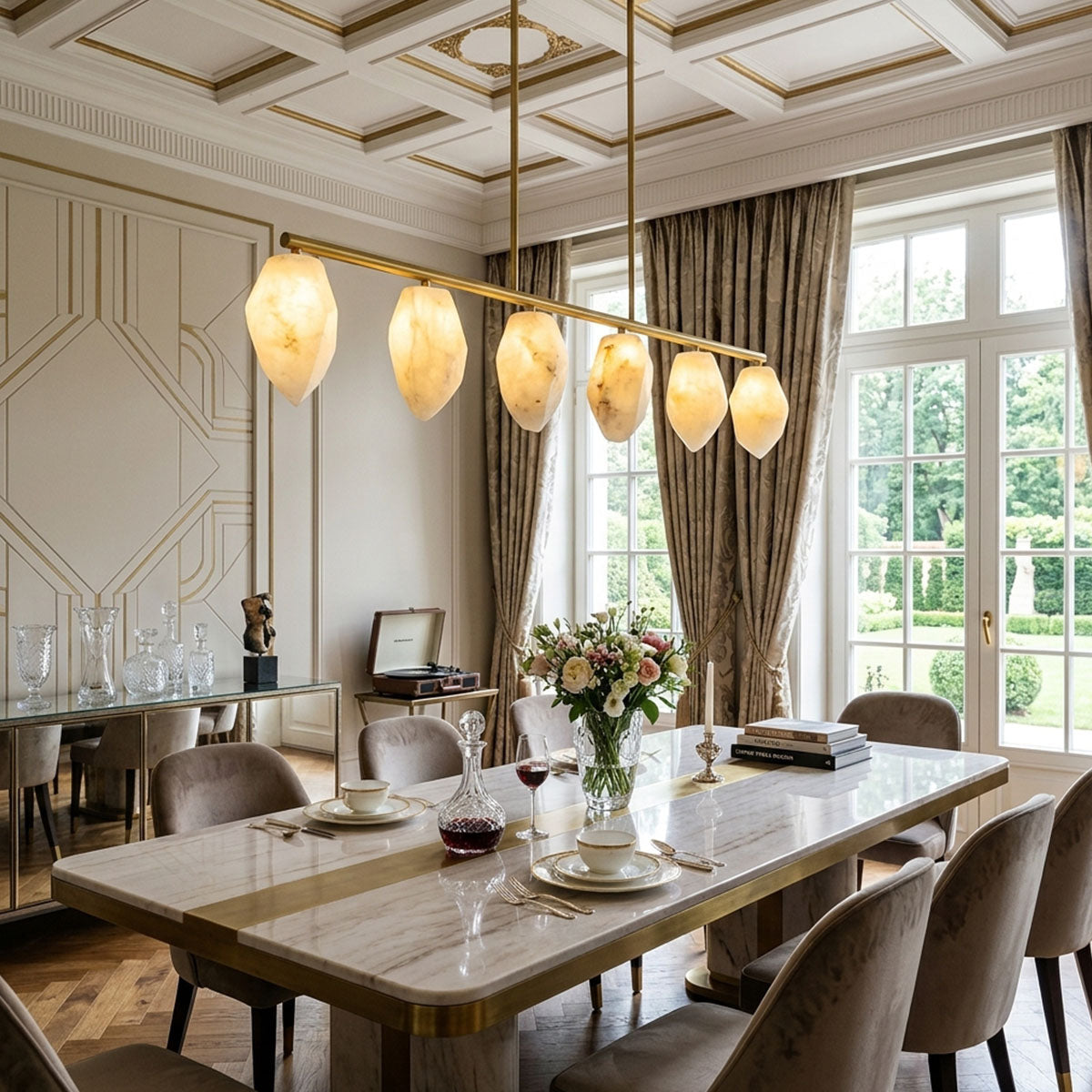 Alabaster petal linear chandelier above a marble dining table