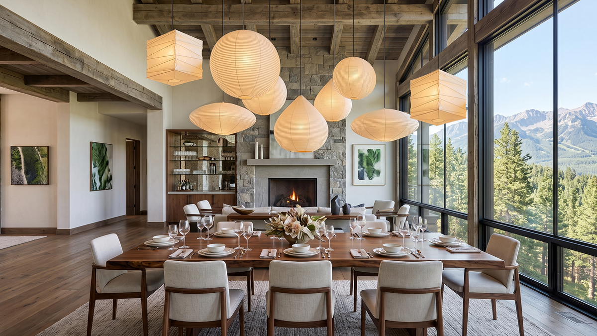 Washi paper pendant cluster over a long mountain lodge dining table