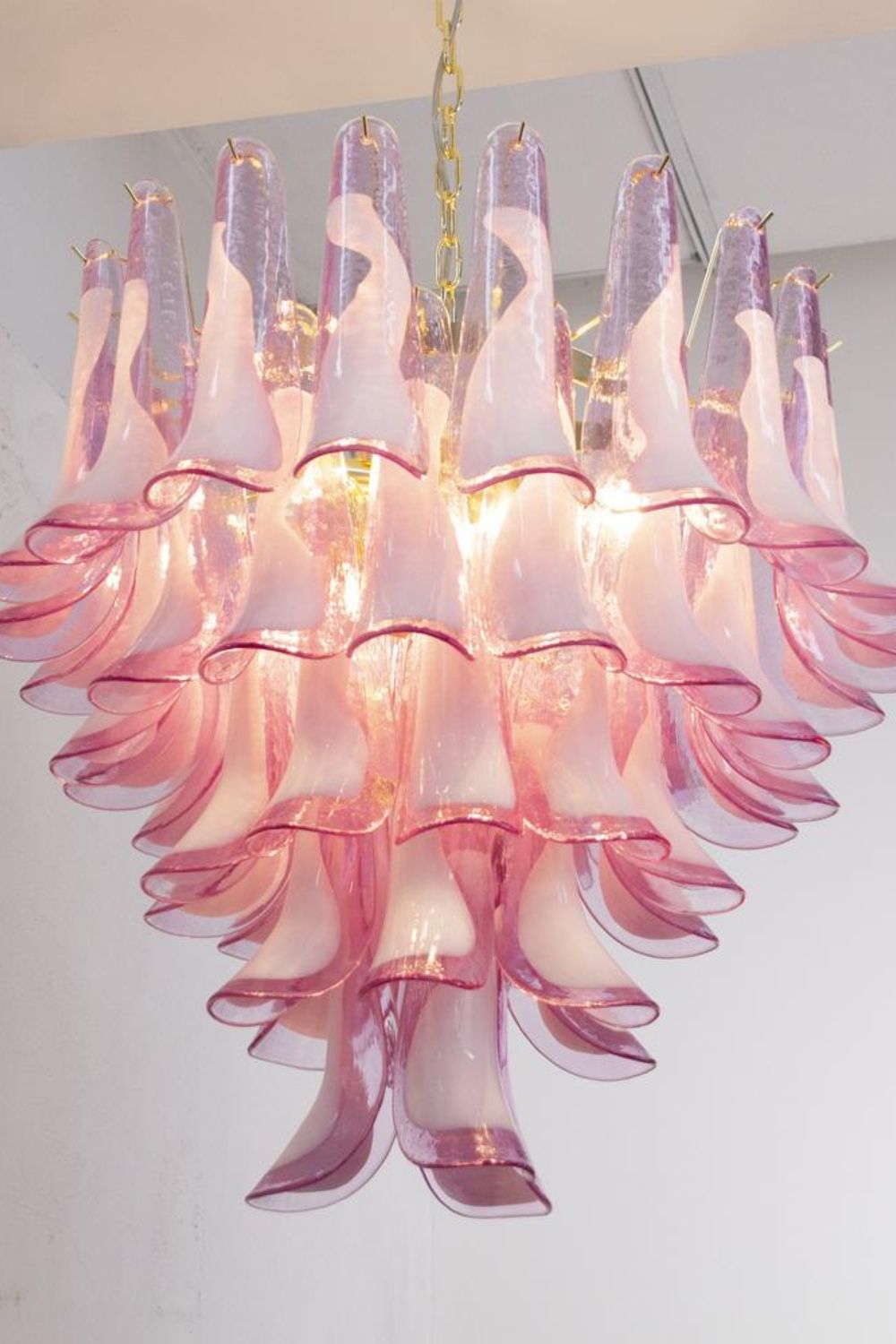 Fuchsia and White Murano Glass Petal Tiered Chandelier