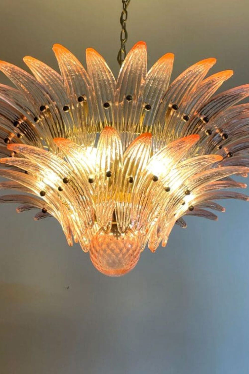 Vintage Murano Pink Palm Leaf Glass Chandelier