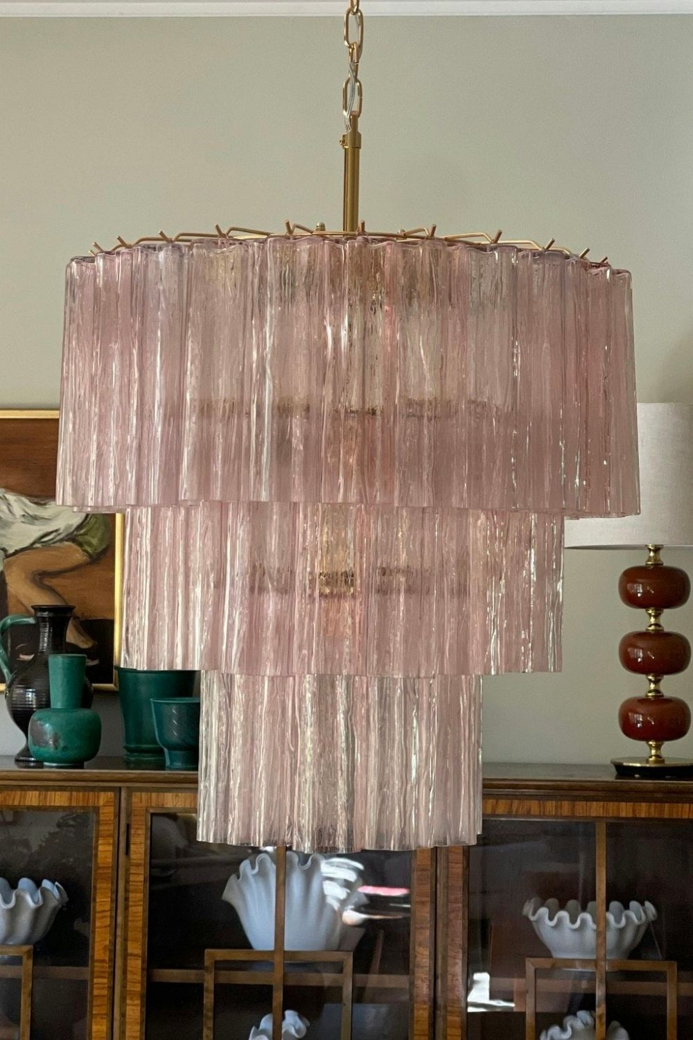 Murano light pink glass tube chandelier