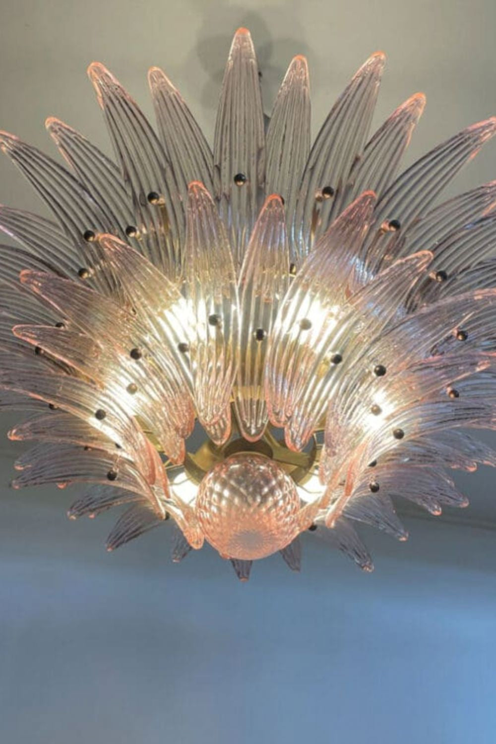 Vintage Murano Pink Palm Leaf Glass Chandelier