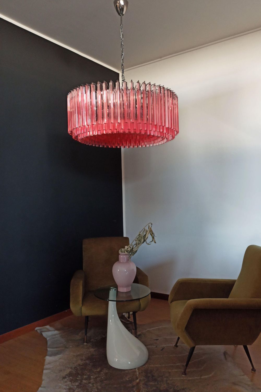 Large pink Murano Triedri glass prism chandelier