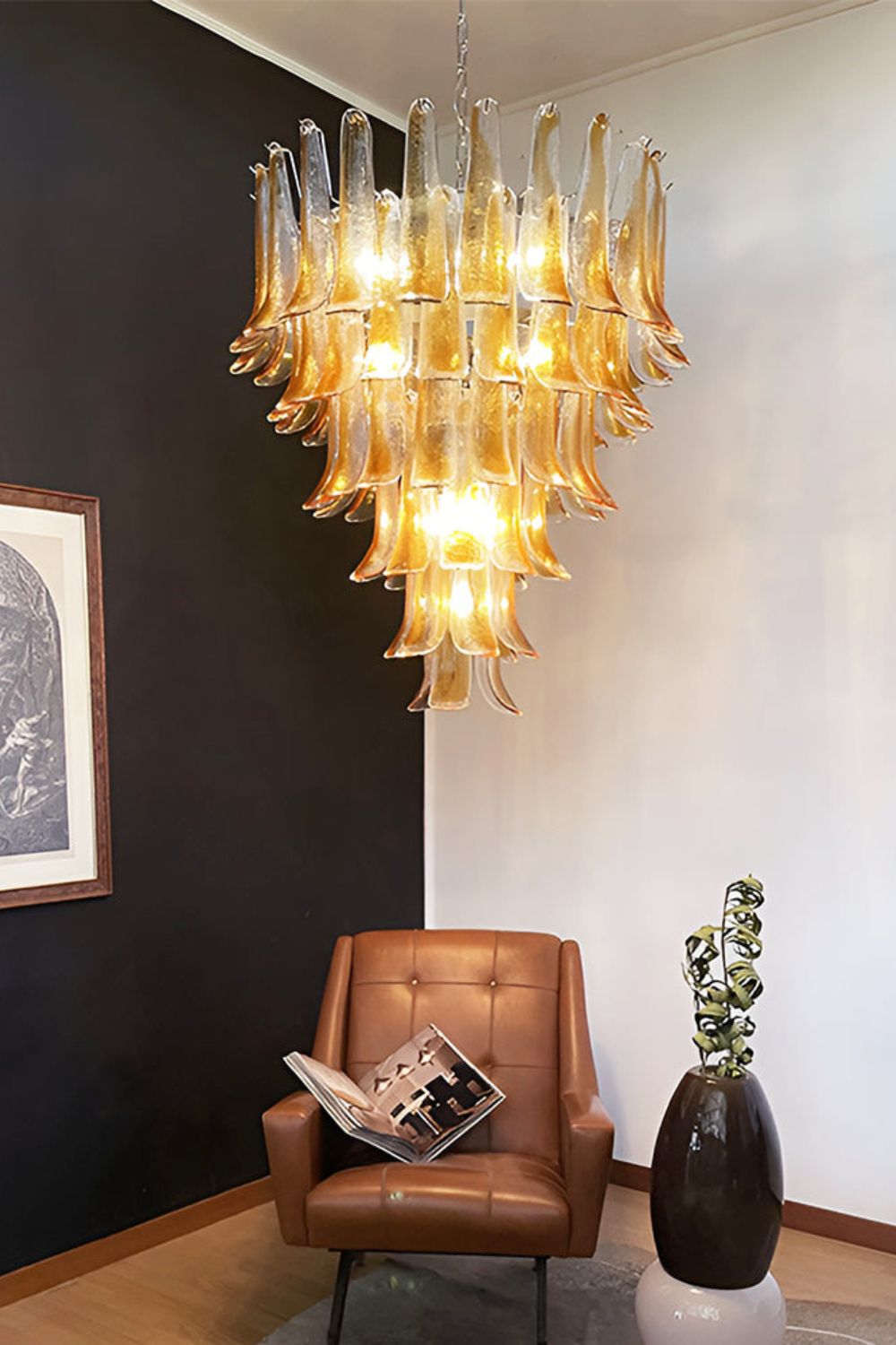 Amber Murano Glass Petal Cascade Chandelier