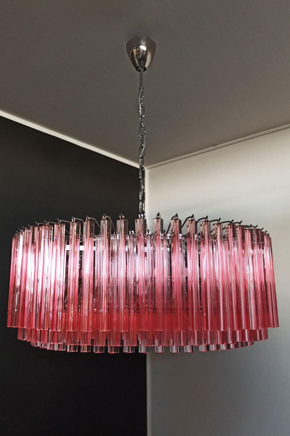 Large pink Murano Triedri glass prism chandelier