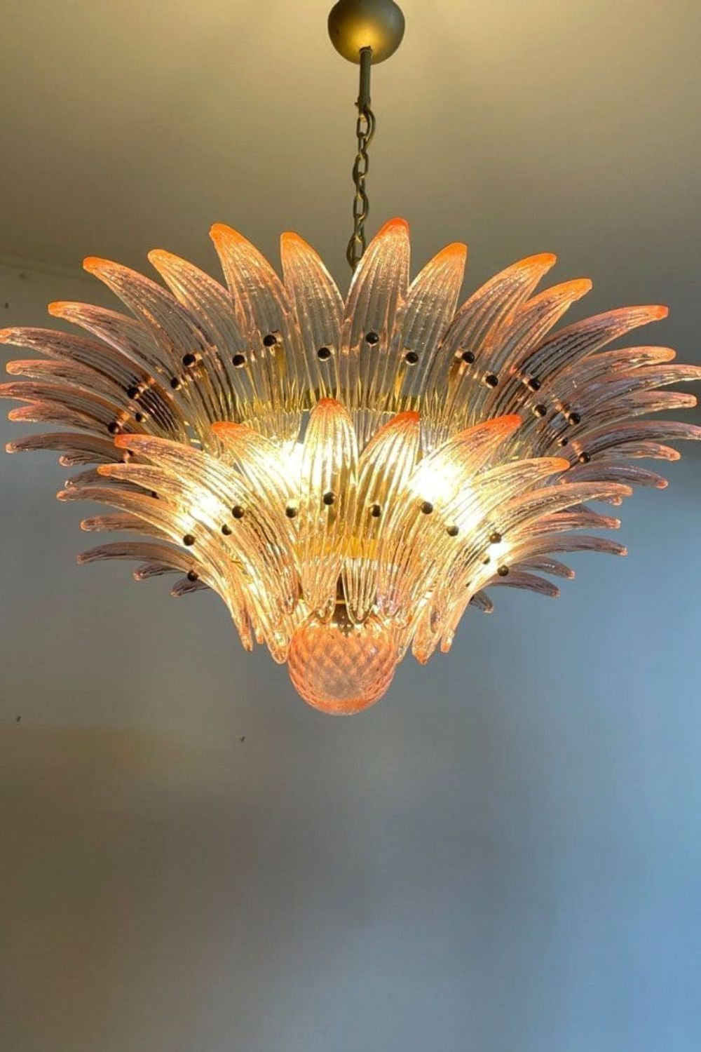 Vintage Murano Pink Palm Leaf Glass Chandelier