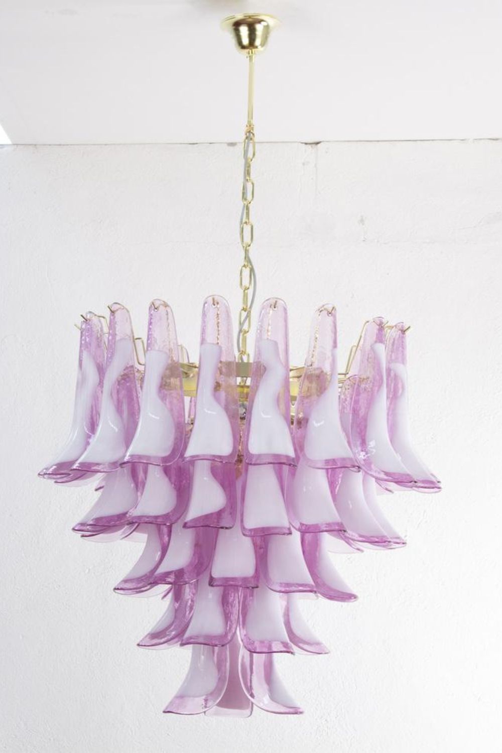 Fuchsia and White Murano Glass Petal Tiered Chandelier