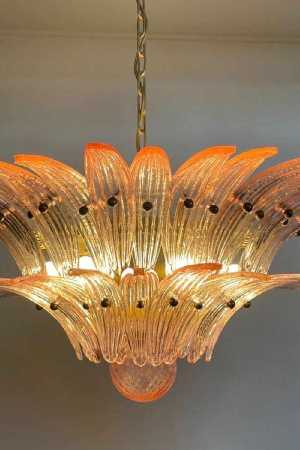 Vintage Murano Pink Palm Leaf Glass Chandelier