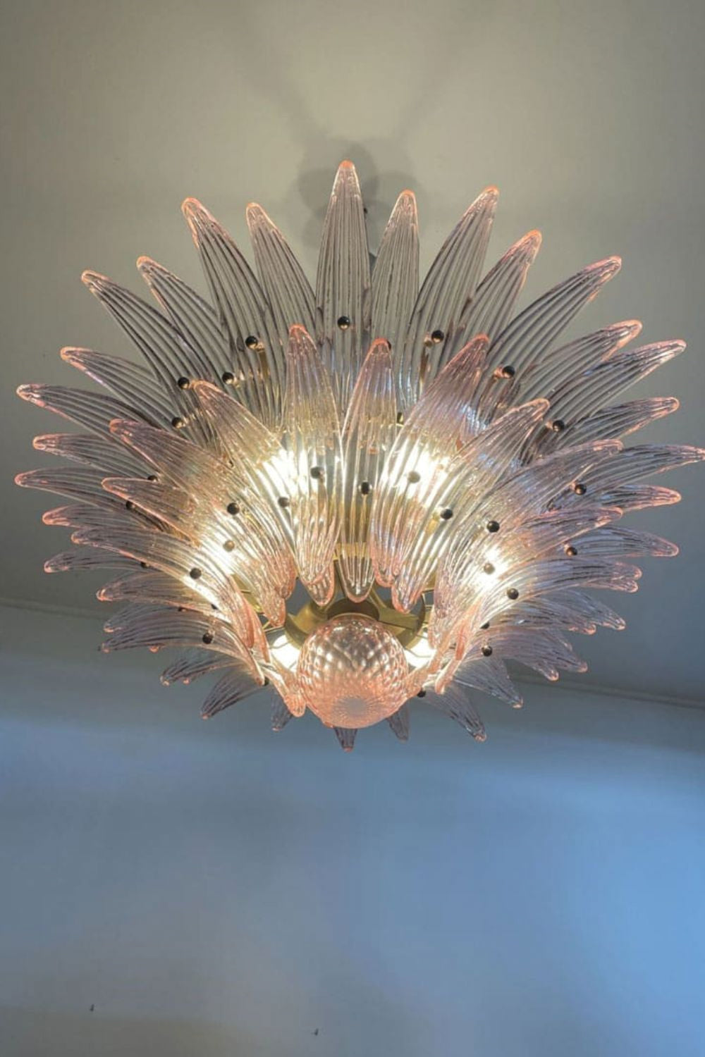 Vintage Murano Pink Palm Leaf Glass Chandelier