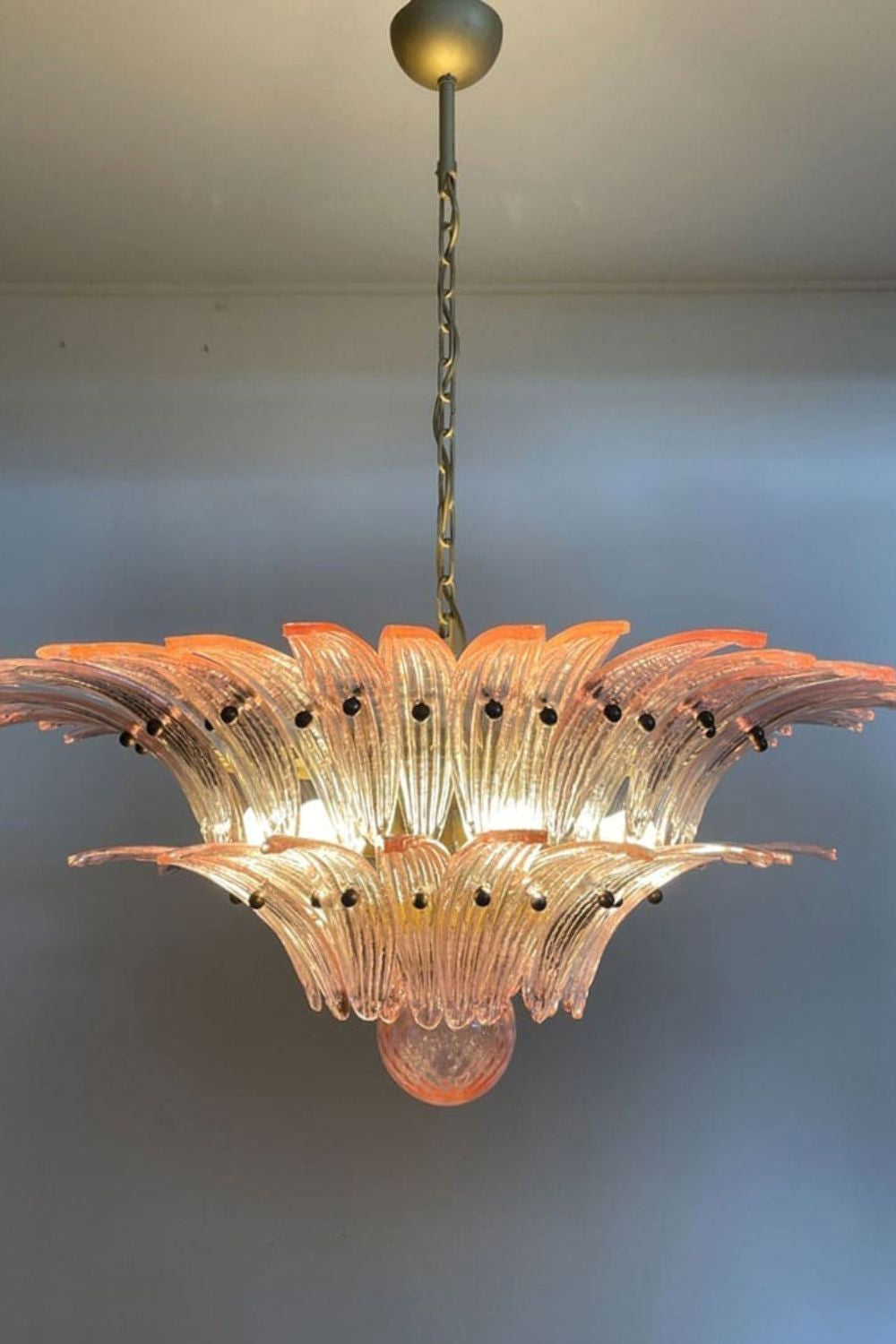 Vintage Murano Pink Palm Leaf Glass Chandelier