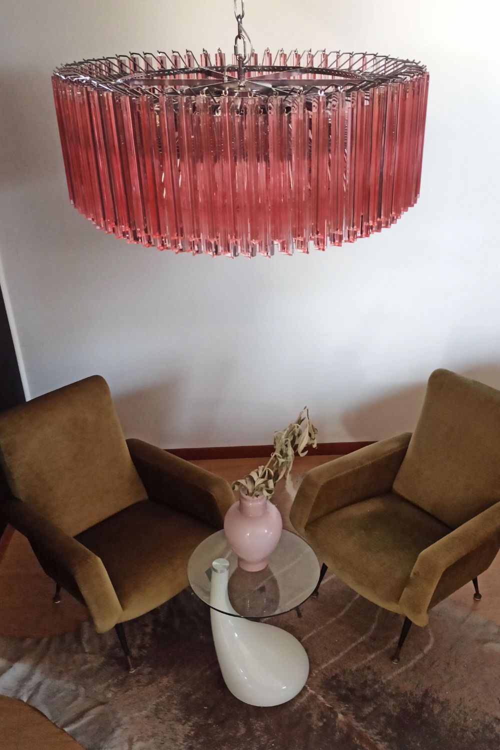 Large pink Murano Triedri glass prism chandelier