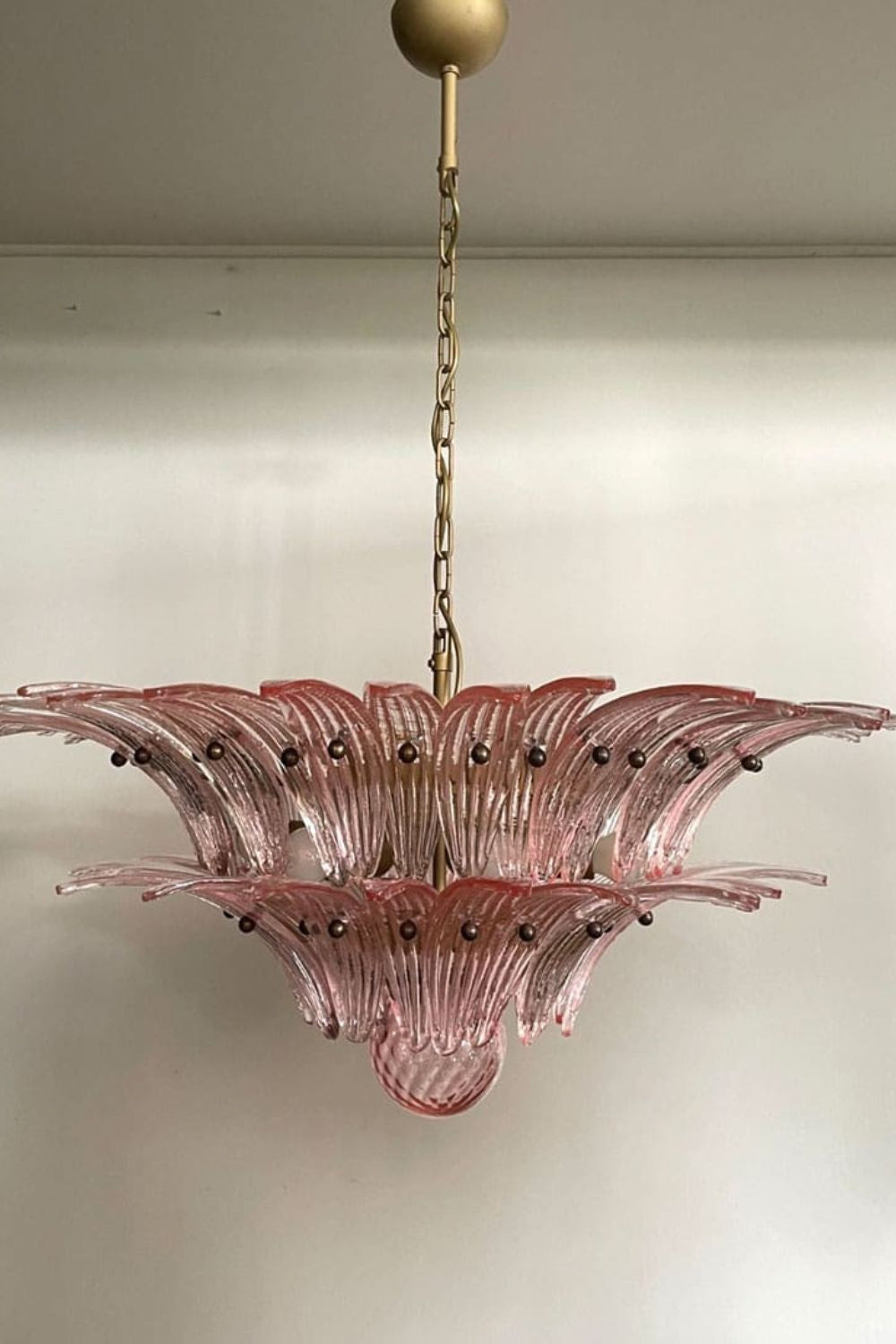 Vintage Murano Pink Palm Leaf Glass Chandelier