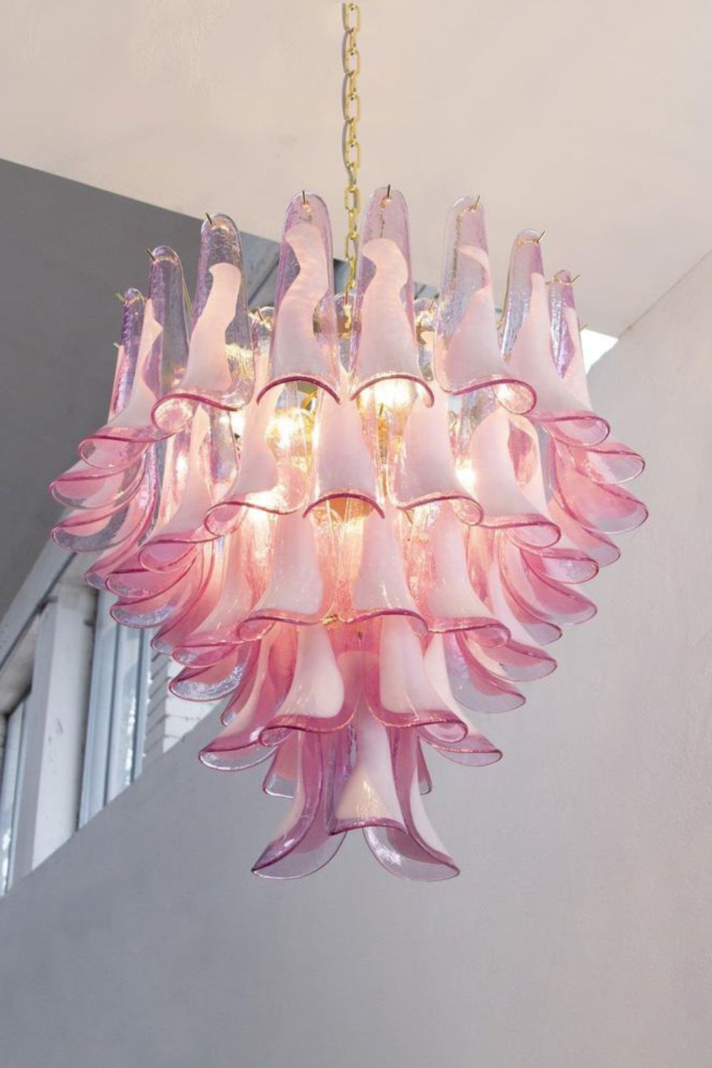 Fuchsia and White Murano Glass Petal Tiered Chandelier