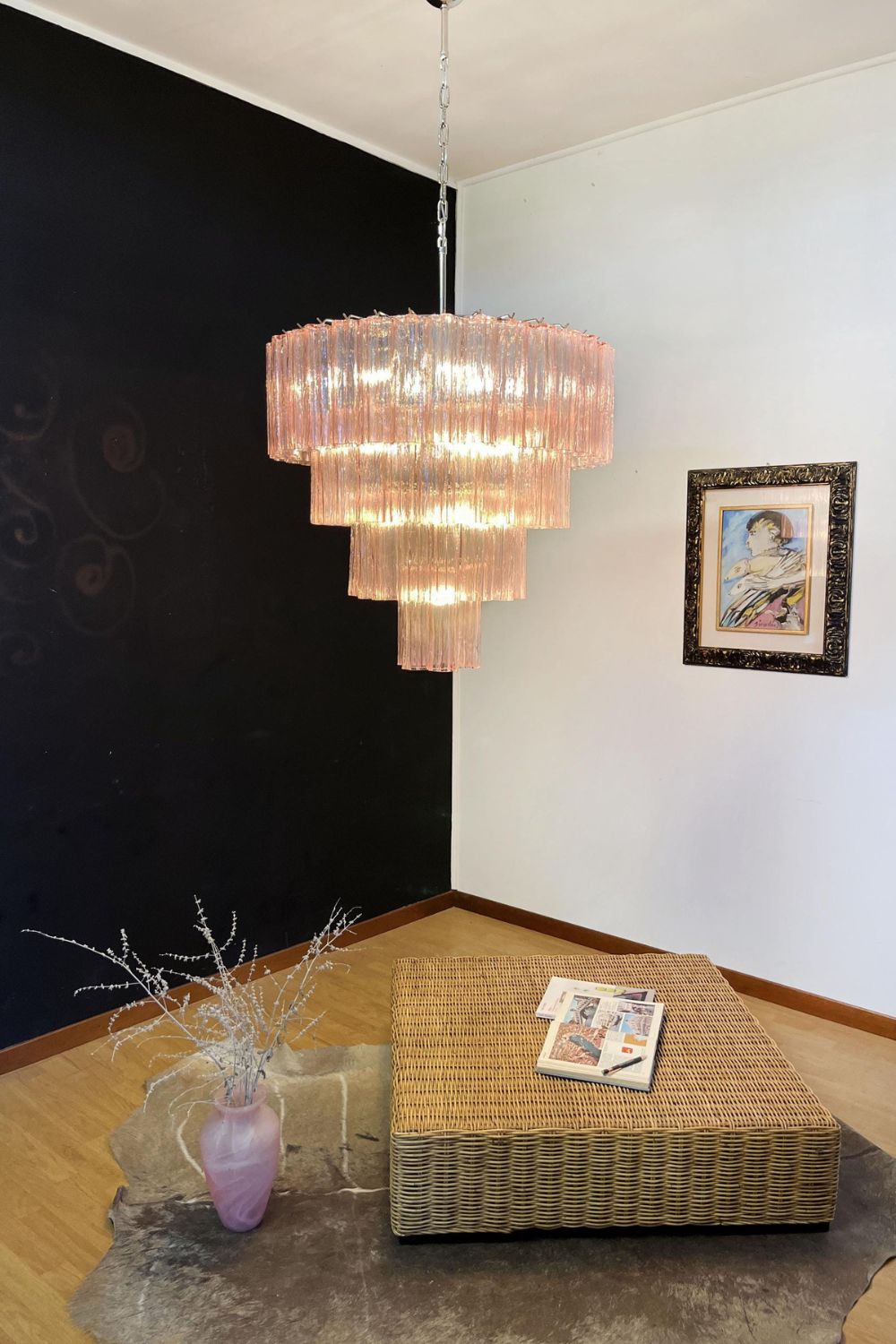 Large Pink Murano Glass Tiered Chandelier