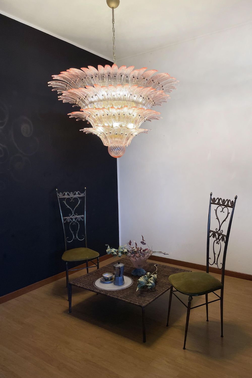 Murano Four-tier pink glass palm leaf chandelier