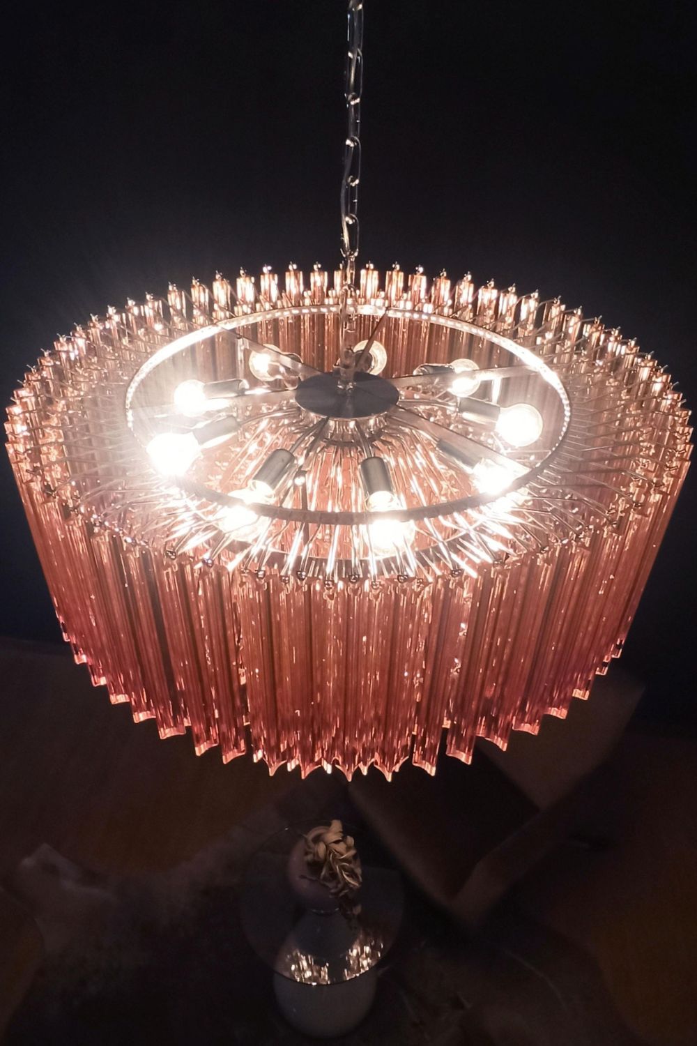 Large pink Murano Triedri glass prism chandelier