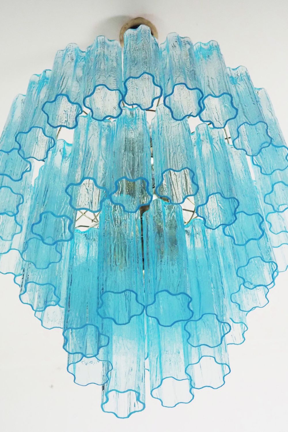 Three-tier Murano Venetian blue glass chandelier