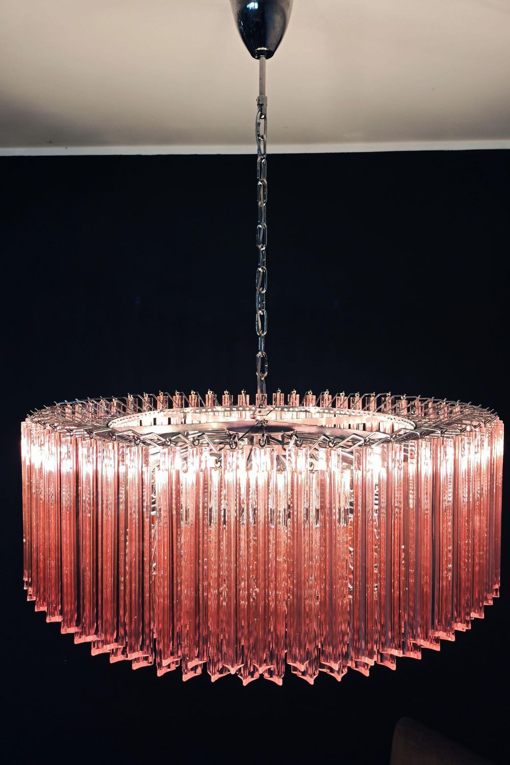 Large pink Murano Triedri glass prism chandelier