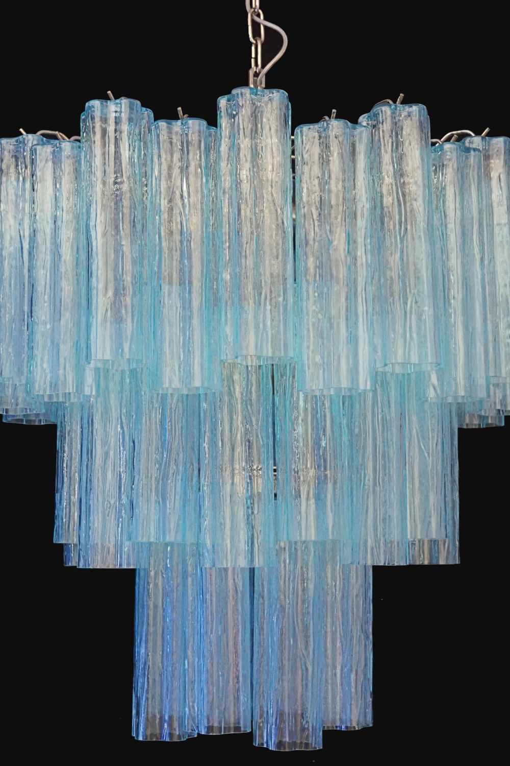 Three-tier Murano Venetian blue glass chandelier