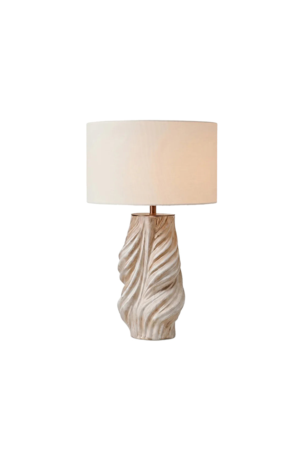 Adara Sculptural Ceramic Table Lamp | Ceramic, Fabric | Isolated lit product shot of a contemporary table lamp featuring a highly textured, twisted wavy ridged cream ceramic base and a minimalist white drum fabric shade | White background | Samu Lamp