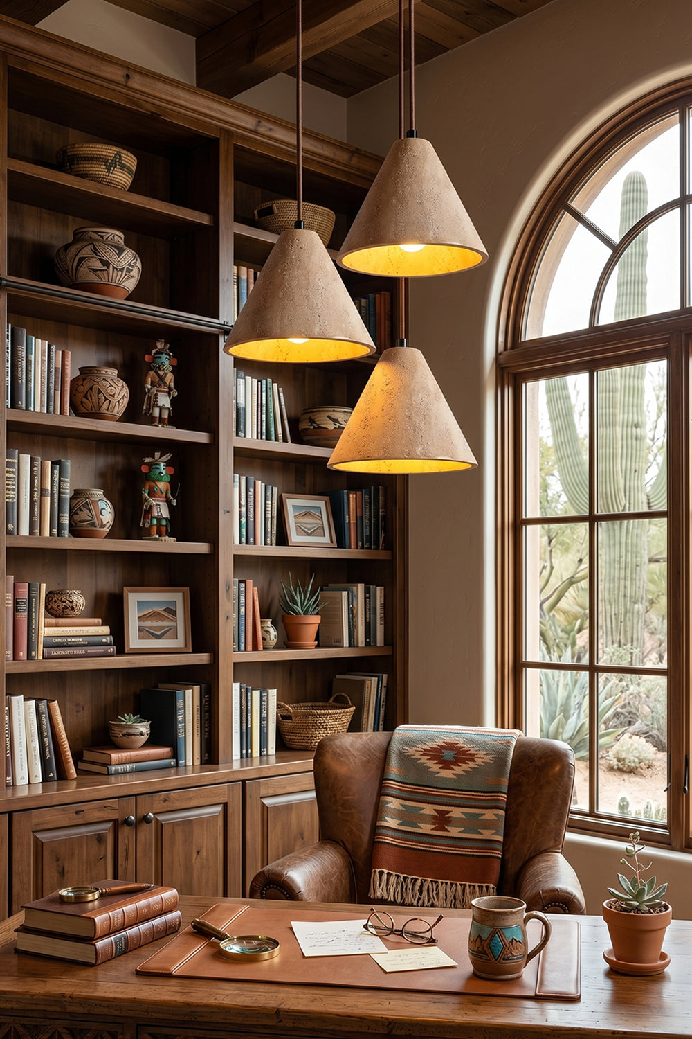 Trio of Aethel Core Pendant Lights | Beige Travertine, Metal | Library scene with bookshelves and leather chair | Samu Lamp