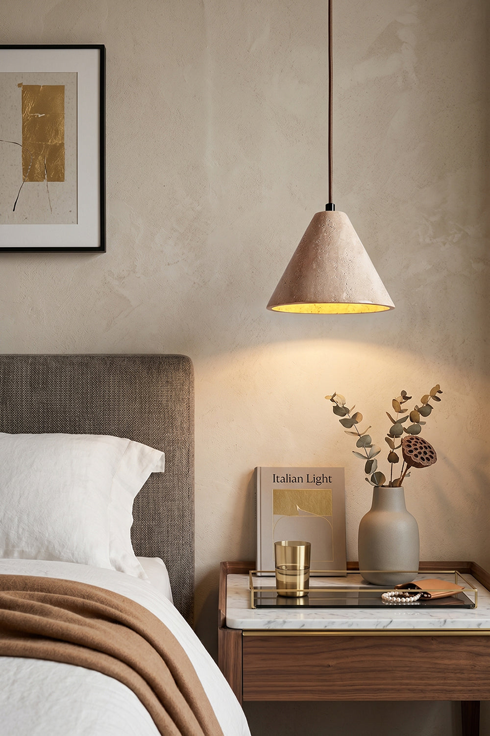 Single Aethel Core Pendant Light | Beige Travertine, Metal | Bedside lighting in a minimalist bedroom | Samu Lamp