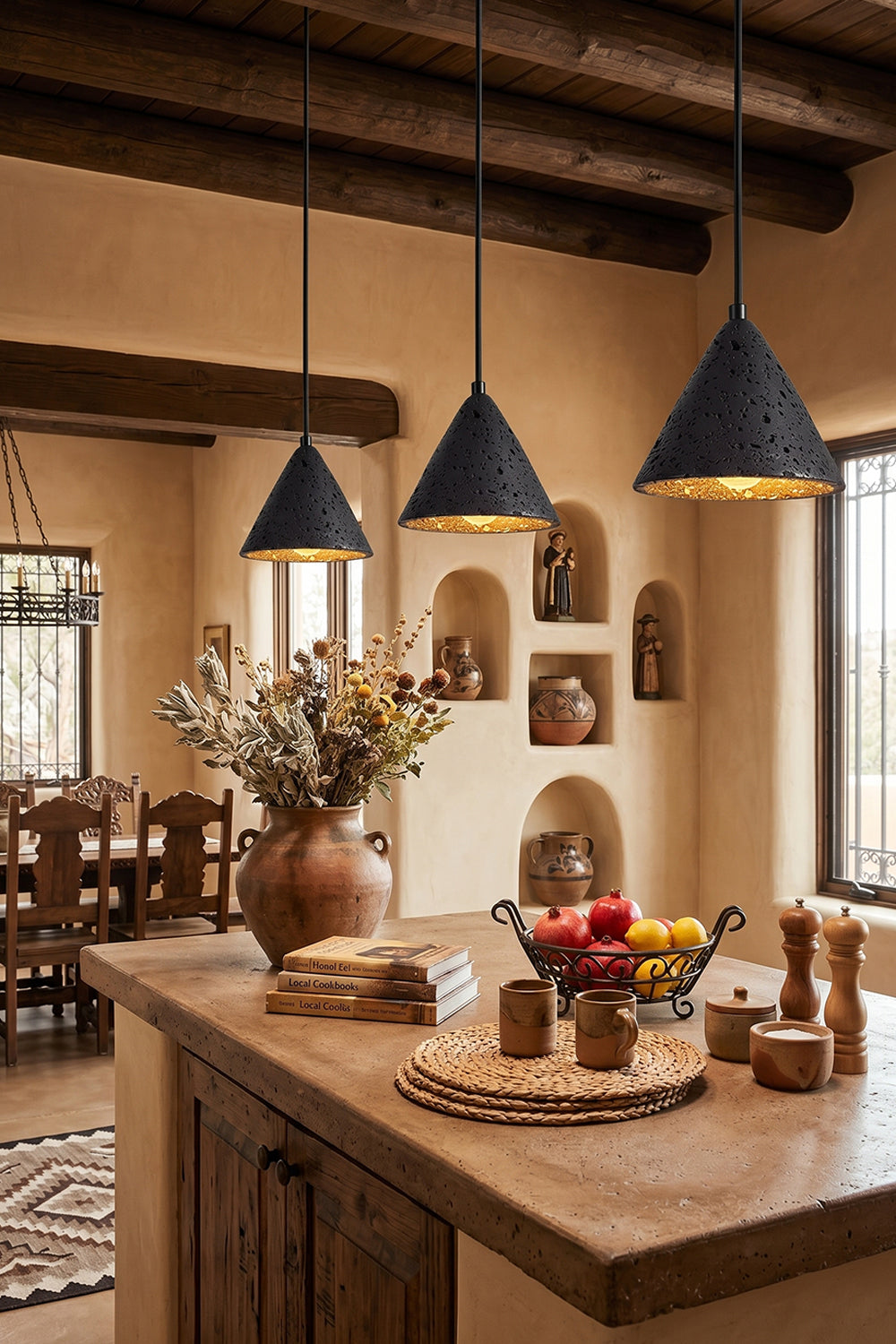 Aethel Core Pendant Light Cluster | Black Travertine, Metal | Rustic Southwestern kitchen interior | Samu Lamp