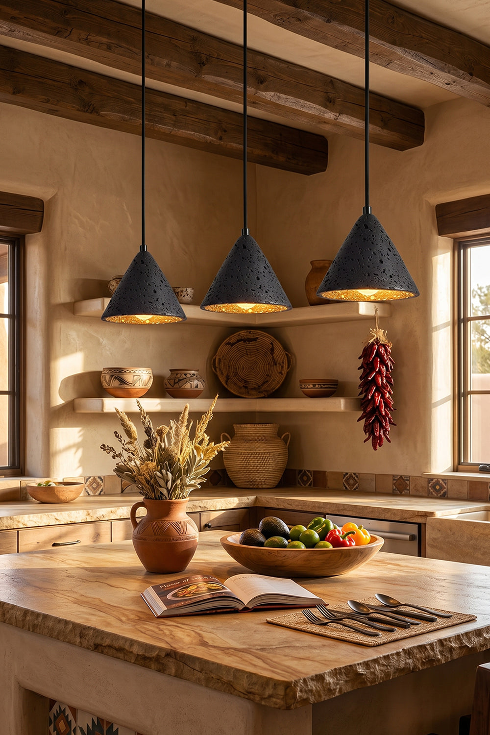 Three Black Aethel Core Pendant Lights | Black Travertine, Metal | Kitchen island lighting with wooden counter | Samu Lamp