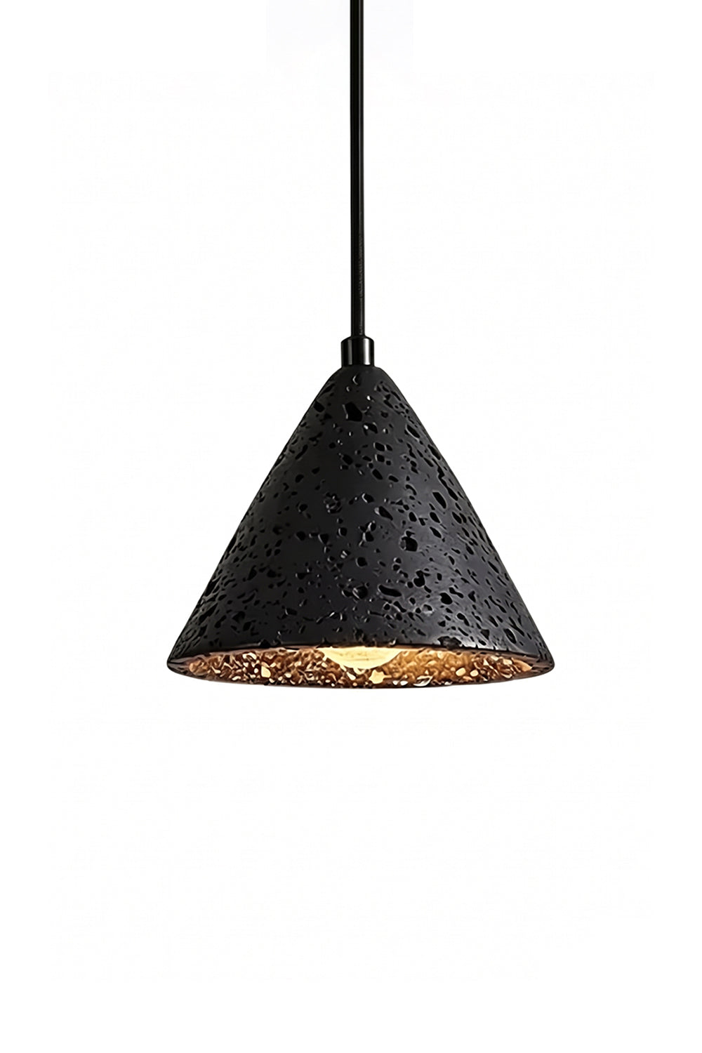 Aethel Core Travertine Pendant Light | Black Travertine, Metal | Conical shape, porous texture, gold interior | Isolated on white | Samu Lamp