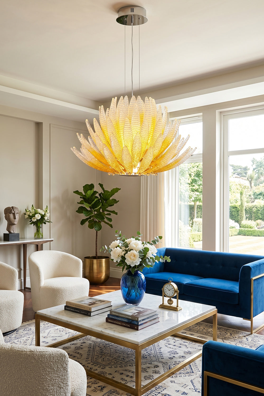 Helios Agave Glass Starburst Chandelier | Glass, Metal | Hanging in a luxurious, sunlit living room with a vibrant blue velvet sofa and marble coffee table | Samu Lamp