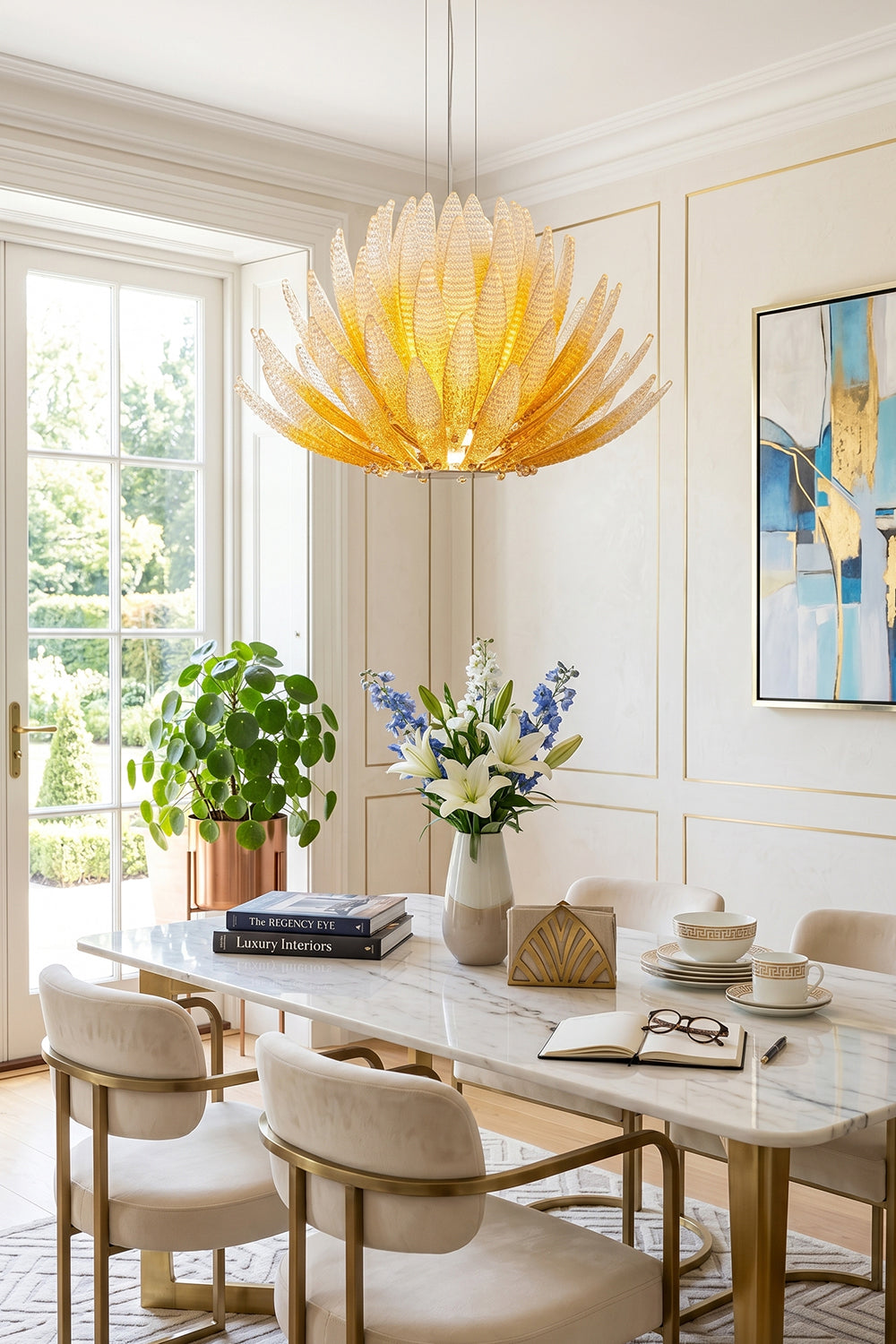 Helios Agave Glass Starburst Chandelier | Glass, Metal | Suspended over a modern marble dining table and cream upholstered chairs in a bright dining room | Samu Lamp