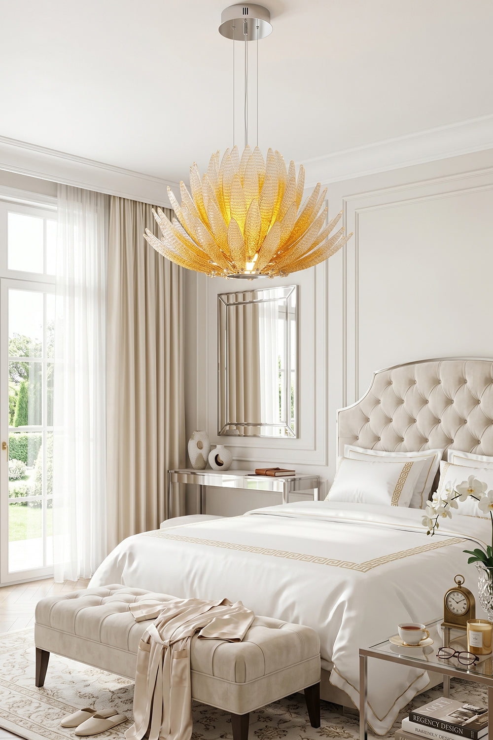 Helios Agave Glass Starburst Chandelier | Glass, Metal | Closer perspective of the blooming glass chandelier illuminating a serene bedroom setting | Samu Lamp