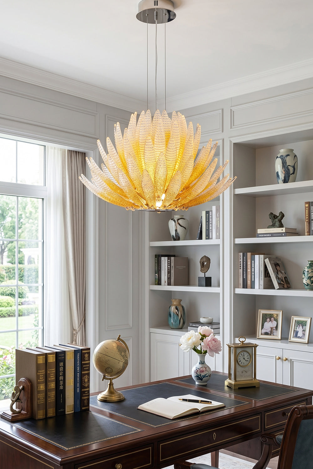 Helios Agave Glass Starburst Chandelier | Glass, Metal | Providing a warm ambient glow over a dark executive wood desk in a home office | Samu Lamp